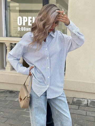 Frenchy Women's Casual Striped Print Hollow Back Bow Decor Batwing Loose Blouse