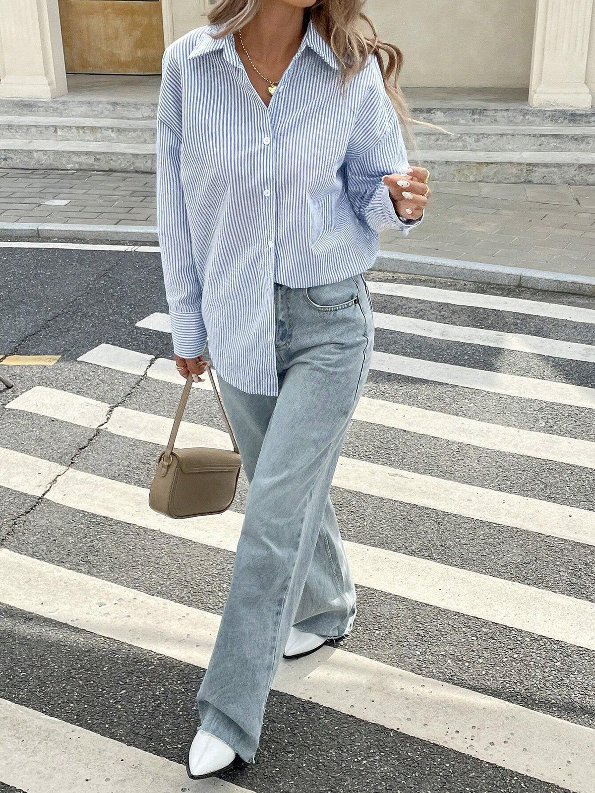 Frenchy Women's Casual Striped Print Hollow Back Bow Decor Batwing Loose Blouse