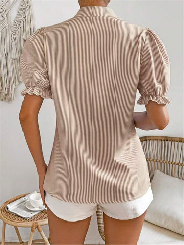 Frenchy Women's Casual Striped Stand Collar Puff Sleeve Blouse