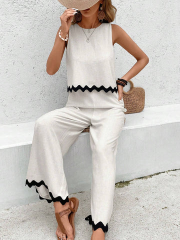 Women's Color-Block Sleeveless Jumpsuit With Long Pants