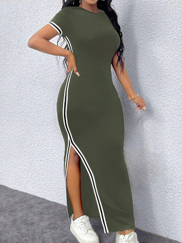Women's Colorblock Round Neck Short Sleeve High Split Dress