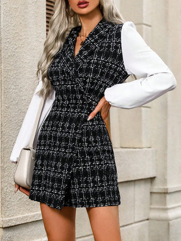 Women's Contrast Color Splicing Shawl Collar Lantern Sleeve Jumpsuit