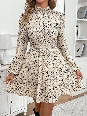 Women's Ditsy Floral Drawstring Collar Casual Everyday Mini Dress, Long Sleeve