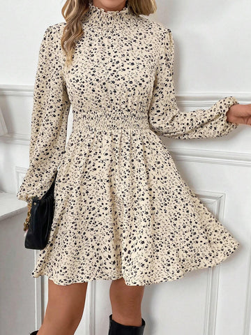 Women's Ditsy Floral Drawstring Collar Casual Everyday Mini Dress, Long Sleeve