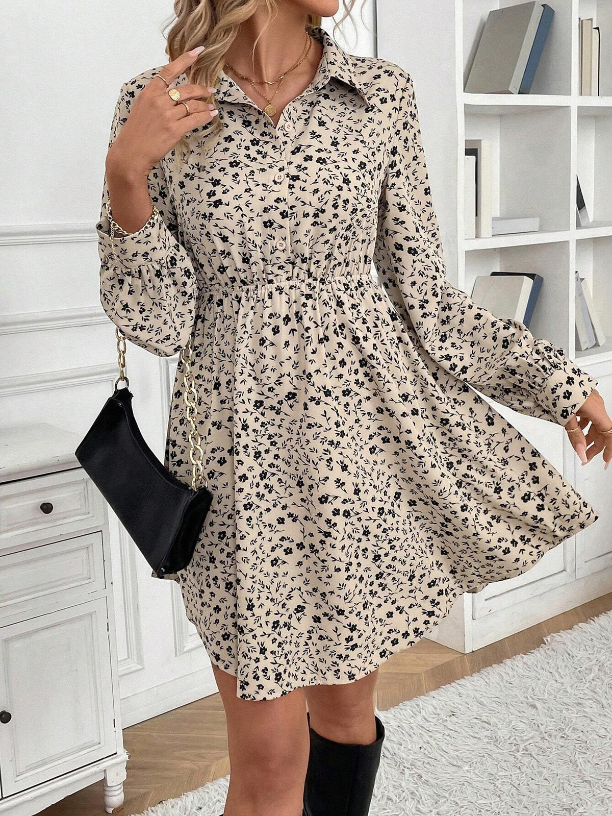 Women's Ditsy Floral Long Sleeve Single-Breasted Casual Shirt Dress, Cropped Length