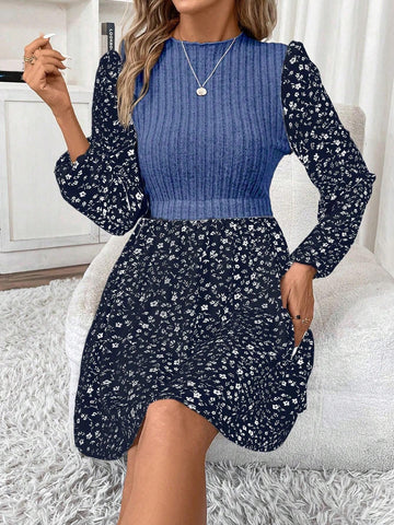 Women's Ditsy Floral Stand Collar Long Sleeve Elegant Short Dress For Vacation