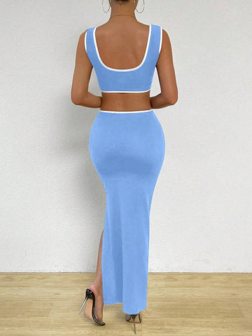 Women's Elegant Colorblock Hollow Out Side Slit Bodycon Dress, Summer