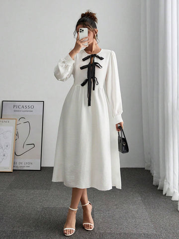 Women's Elegant Contrast Color Tie-Up Lantern Sleeve Dress, Autumn Season