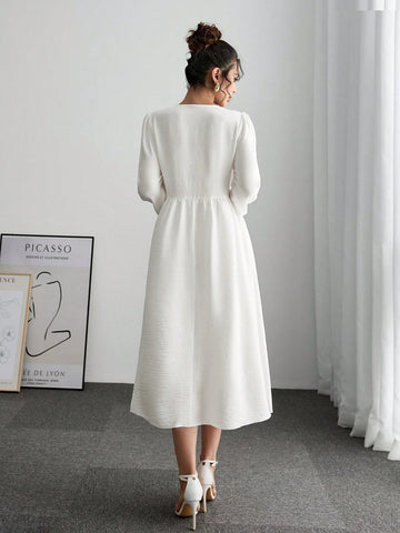 Women's Elegant Contrast Color Tie-Up Lantern Sleeve Dress, Autumn Season