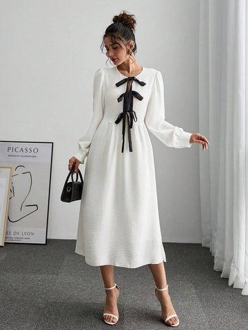 Women's Elegant Contrast Color Tie-Up Lantern Sleeve Dress, Autumn Season