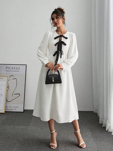 Women's Elegant Contrast Color Tie-Up Lantern Sleeve Dress, Autumn Season