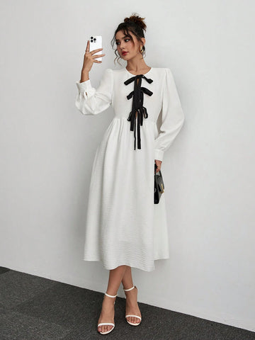 Women's Elegant Contrast Color Tie-Up Lantern Sleeve Dress, Autumn Season