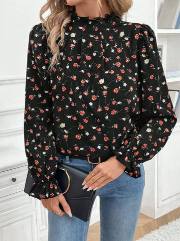 Frenchy Women's Elegant Ditsy Floral Frill Mock Neck Flare Sleeve Blouse, Vacation Style For Autumn
