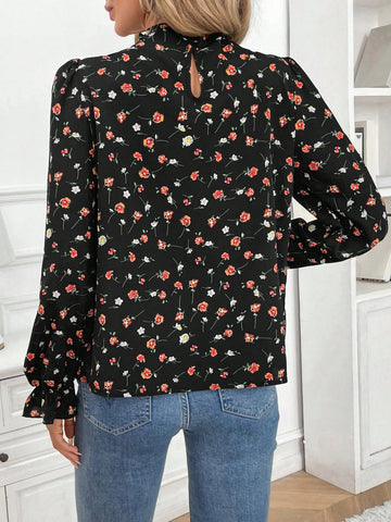 Frenchy Women's Elegant Ditsy Floral Frill Mock Neck Flare Sleeve Blouse
