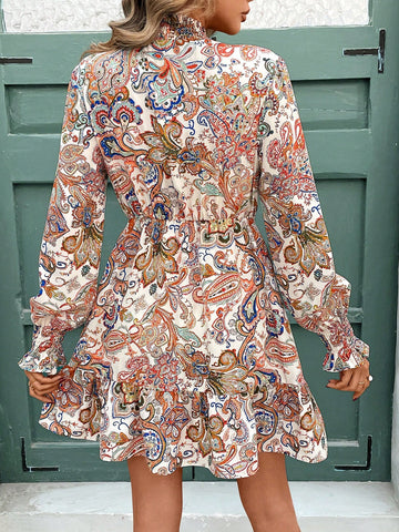 Women's Elegant Holiday Floral Print Surplice Collar Design Long Sleeve Slim Waist Short Dre