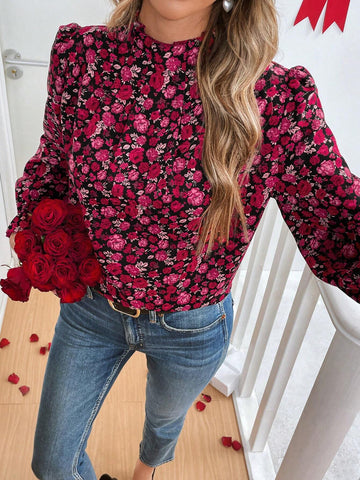 Frenchy Women's Elegant Romantic Holiday All Over Floral Print Ruffled Collar Long Sleeve Blouse
