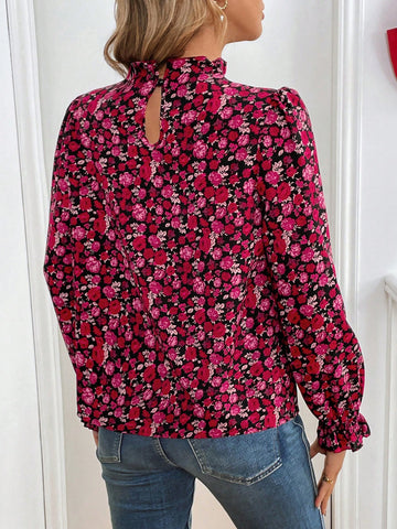 Frenchy Women's Elegant Romantic Holiday All Over Floral Print Ruffled Collar Long Sleeve Blouse