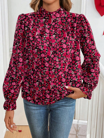 Frenchy Women's Elegant Romantic Holiday All Over Floral Print Ruffled Collar Long Sleeve Blouse