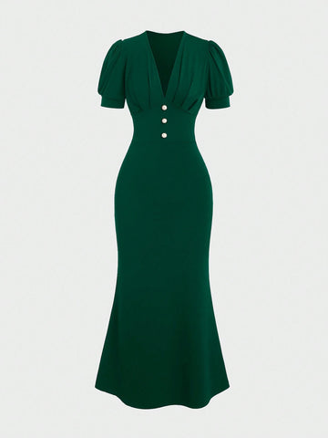 Women's Elegant Slim Fit Short Sleeve Solid Color Summer Dress