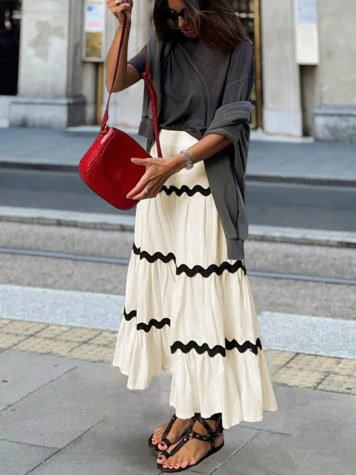 Frenchy Women's Fashion Color Block Wave Knee-Length Skirt