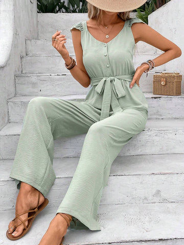 Women's Fashionable Summer Daily Simple Solid Color Tank Jumpsuit With Texture