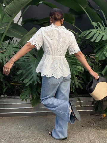 Frenchy Women's Floral Applique & Embroidered Short Sleeve Blouse,Lace Spliced V-Neck