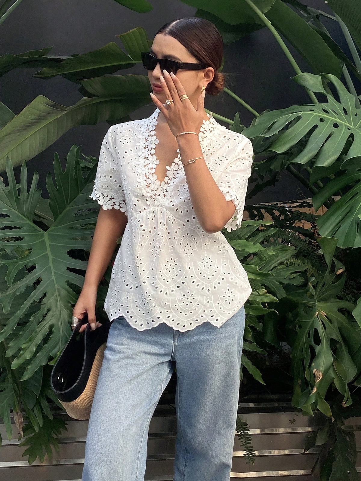 Frenchy Women's Floral Applique & Embroidered Short Sleeve Blouse,Lace Spliced V-Neck