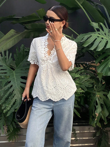 Frenchy Women's Floral Applique & Embroidered Short Sleeve Blouse,Lace Spliced V-Neck