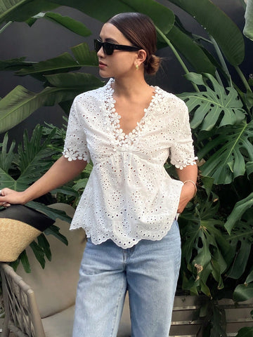 Frenchy Women's Floral Applique & Embroidered Short Sleeve Blouse,Lace Spliced V-Neck