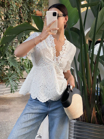 Frenchy Women's Floral Applique & Embroidered Short Sleeve Blouse,Lace Spliced V-Neck