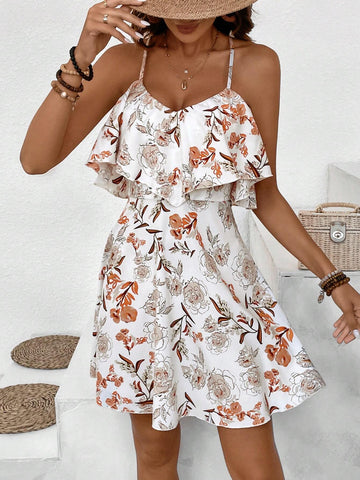 Women's Floral Print Cami Dress With A-Line Hem, Ruffle Trim, Back Tie Short Women Dresses