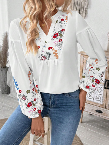 Frenchy Women's Floral Print Casual Long Sleeve Blouse