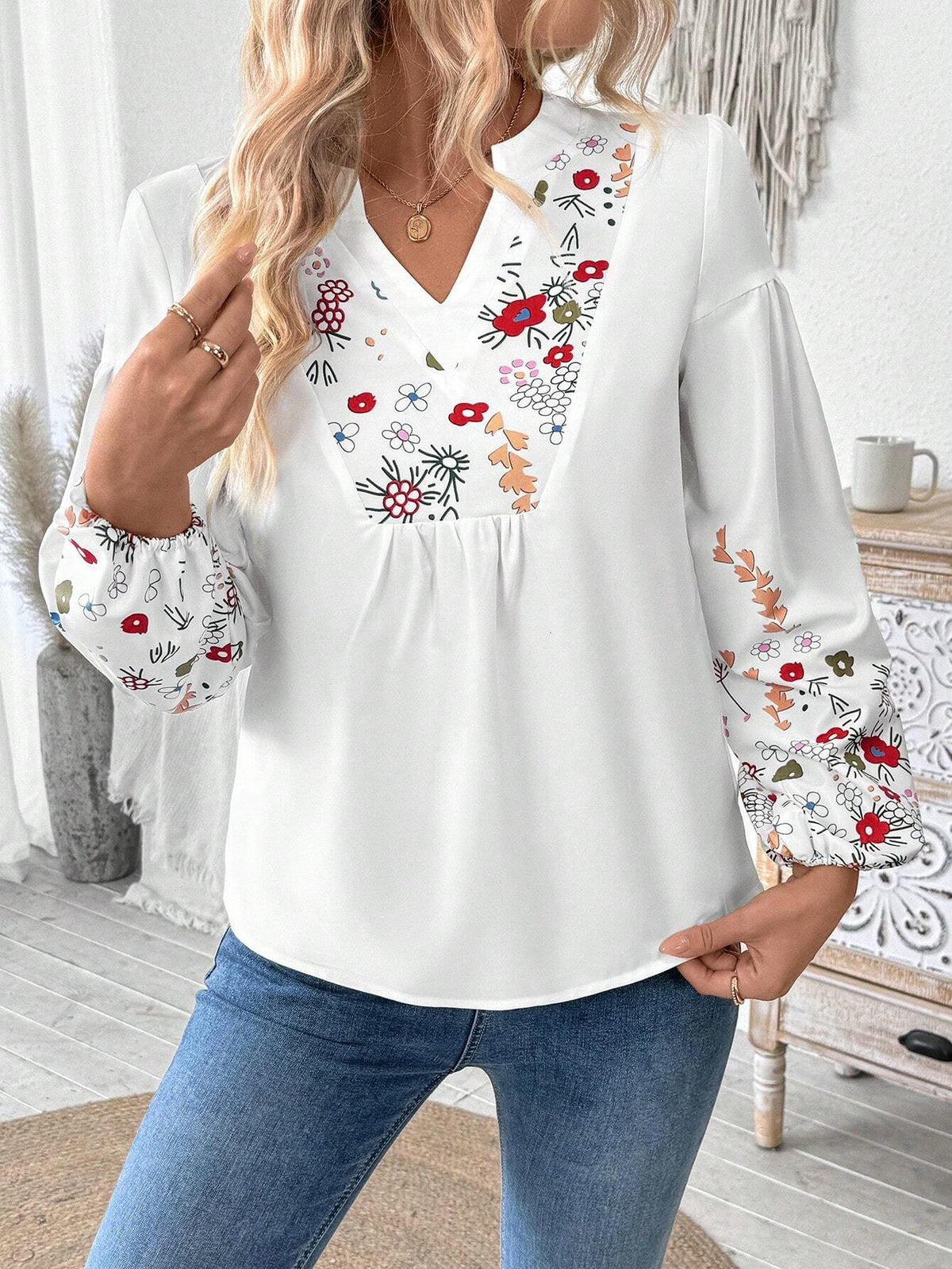 Frenchy Women's Floral Print Casual Long Sleeve Blouse