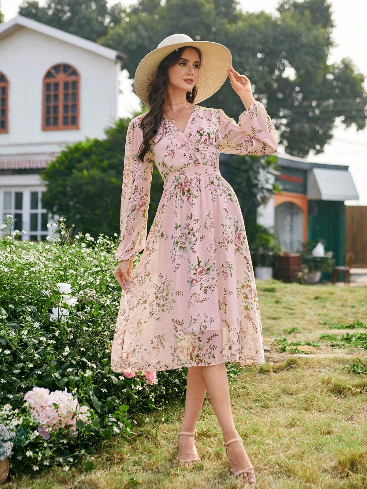 Women's Floral Print Chiffon Long Sleeve Dress