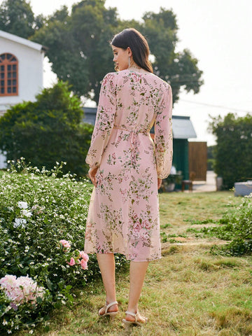 Women's Floral Print Chiffon Long Sleeve Dress