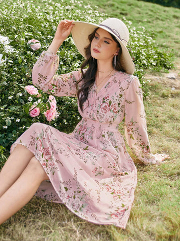 Women's Floral Print Chiffon Long Sleeve Dress