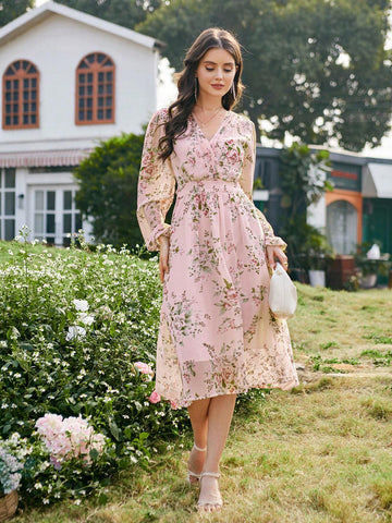 Women's Floral Print Chiffon Long Sleeve Dress