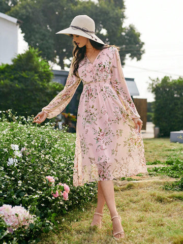 Women's Floral Print Chiffon Long Sleeve Dress