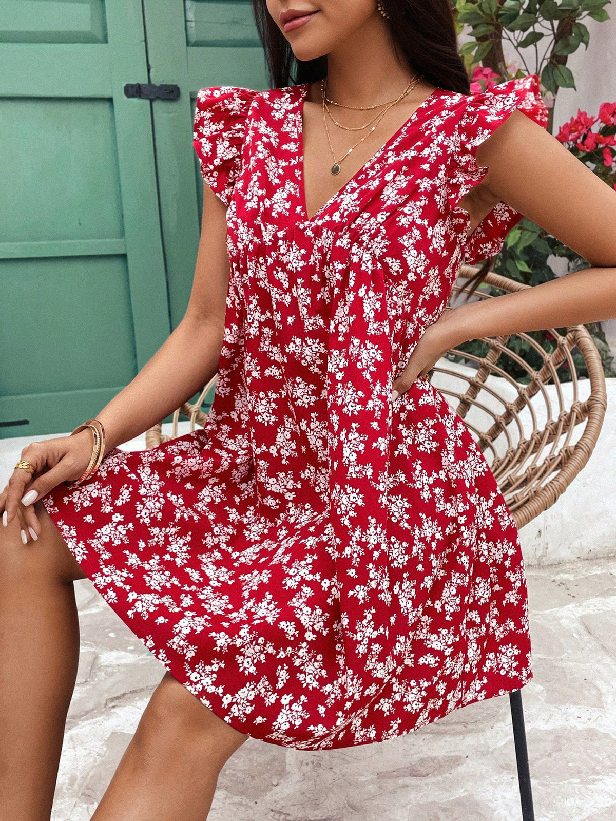 Women's Floral Print Flying Sleeve A-Line Dress