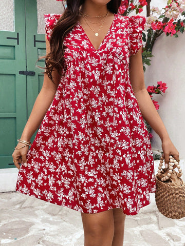 Women's Floral Print Flying Sleeve A-Line Dress