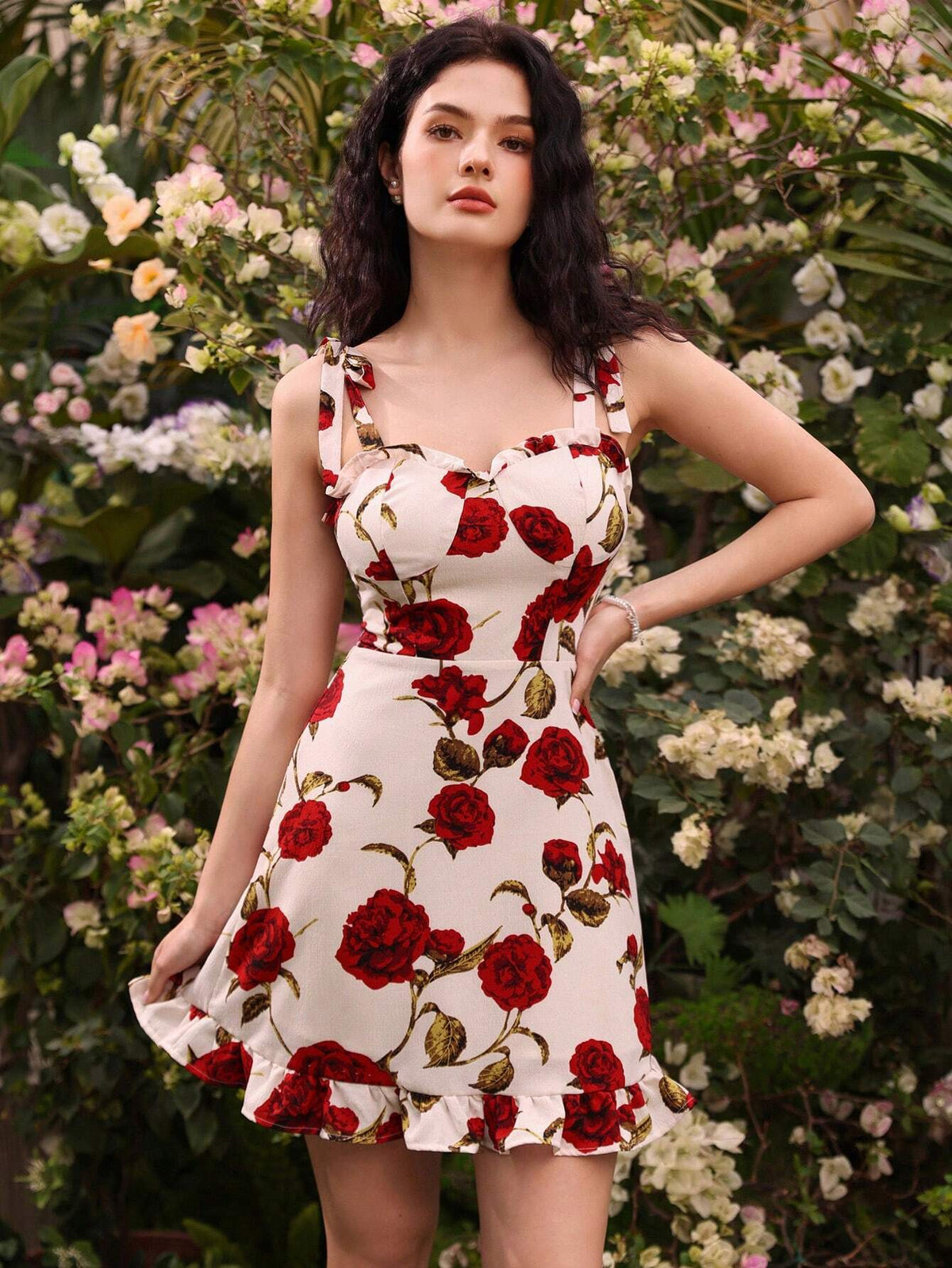 Women's Floral Print Ruffle Hem Spaghetti Strap Dress