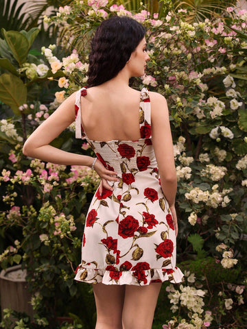 Women's Floral Print Ruffle Hem Spaghetti Strap Dress