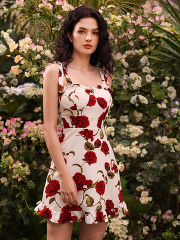 Women's Floral Print Ruffle Hem Spaghetti Strap Dress