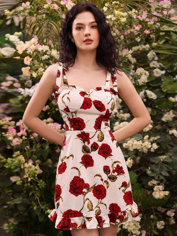 Women's Floral Print Ruffle Hem Spaghetti Strap Dress