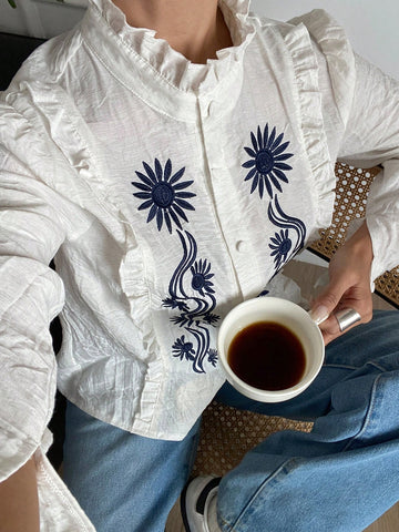 Frenchy Women's Floral Print Ruffle Trim Stand Collar Long Sleeve Blouse