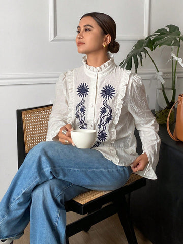 Frenchy Women's Floral Print Ruffle Trim Stand Collar Long Sleeve Blouse