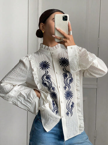 Frenchy Women's Floral Print Ruffle Trim Stand Collar Long Sleeve Blouse