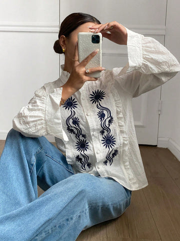 Frenchy Women's Floral Print Ruffle Trim Stand Collar Long Sleeve Blouse