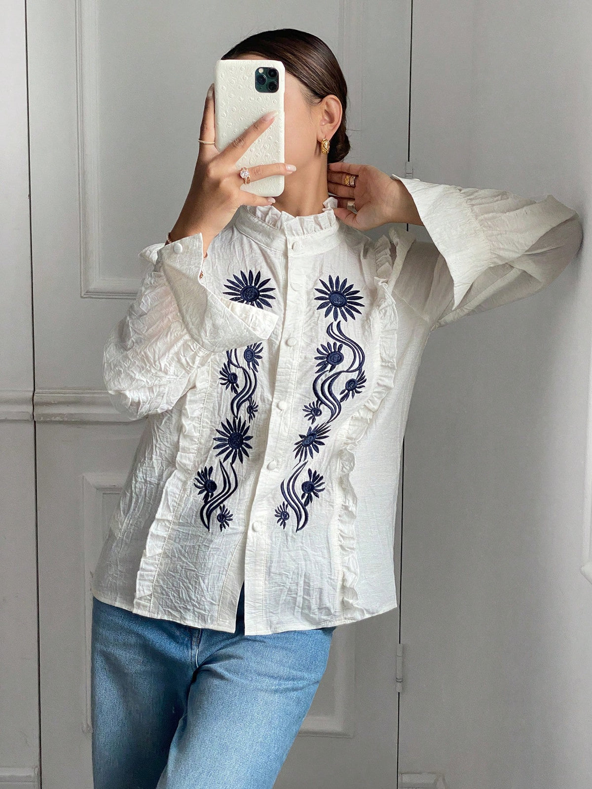 Frenchy Women's Floral Print Ruffle Trim Stand Collar Long Sleeve Blouse