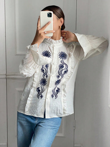 Frenchy Women's Floral Print Ruffle Trim Stand Collar Long Sleeve Blouse